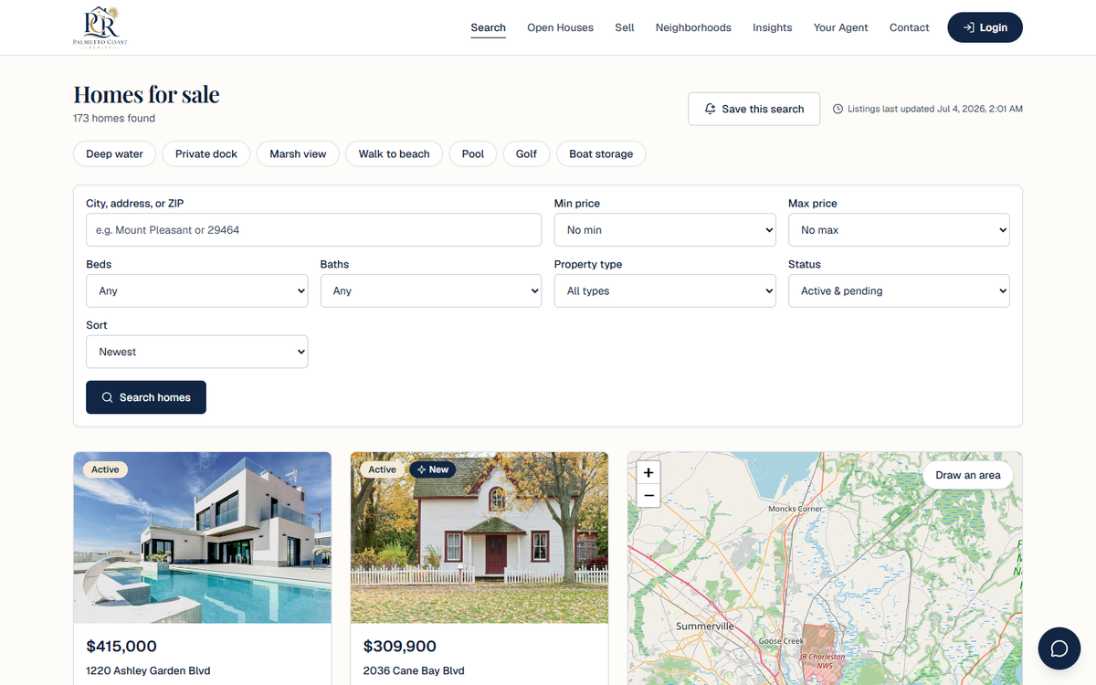 Homes search with lifestyle chips, filters and map