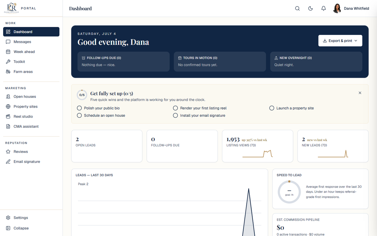 Portal dashboard with briefing and analytics
